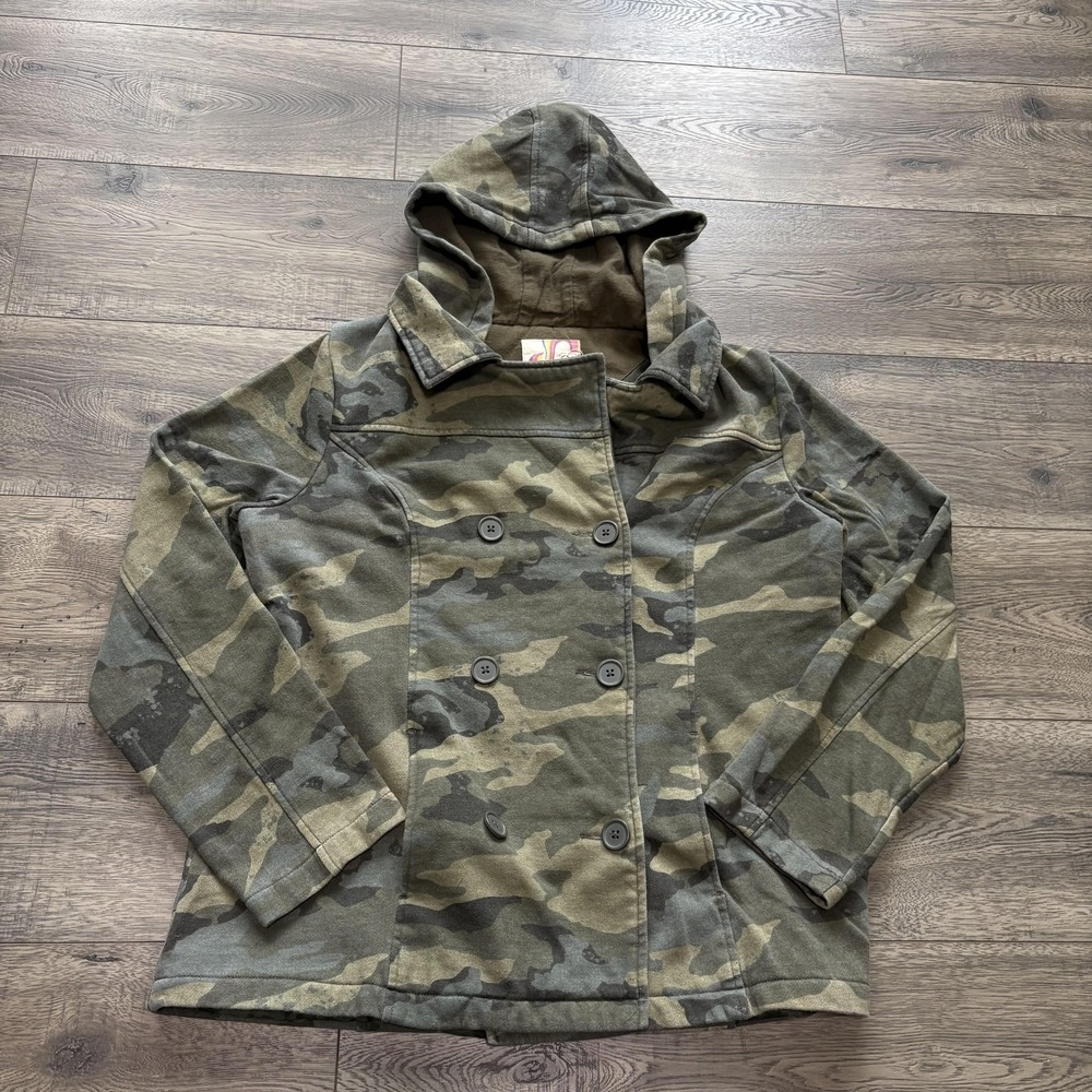 Vtg OP‎ Coat Juniors XL Green Camo Hooded Pea Coat Jacket Double Breasted Army